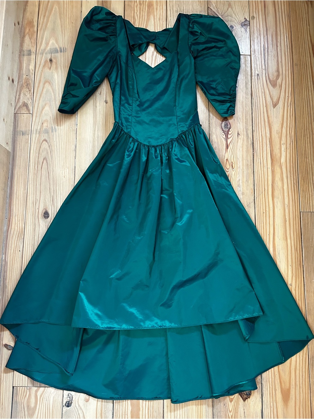 ✨ Vintage-Inspired Emerald Teal Satin Bow-Back Dress | Statement Puff Sleeve
